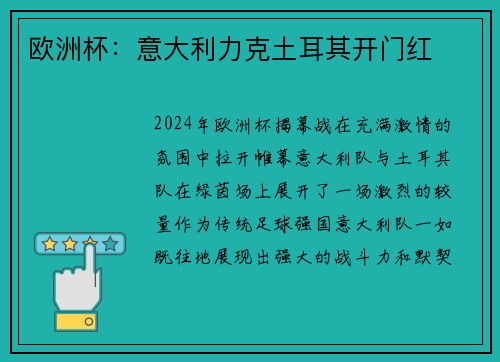 欧洲杯：意大利力克土耳其开门红