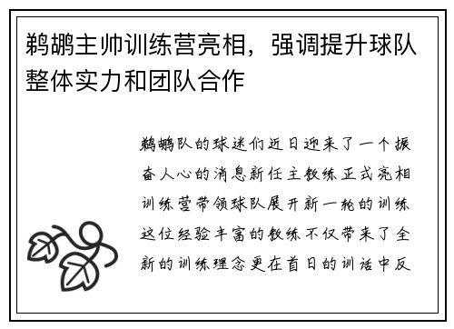 鹈鹕主帅训练营亮相，强调提升球队整体实力和团队合作